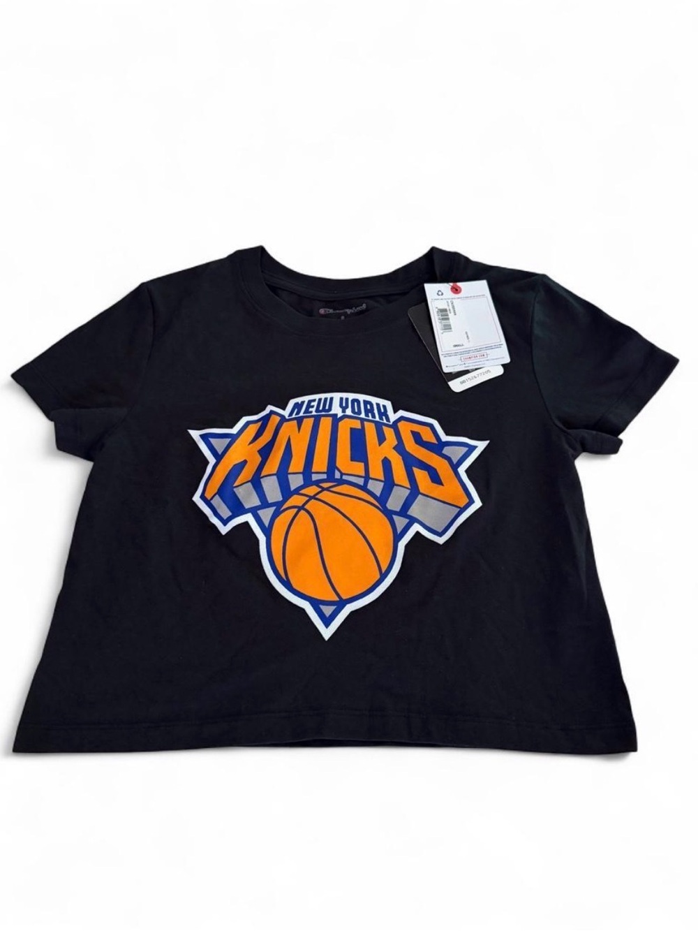 Champion Black Crop Tee with Orange & Blue Knicks Logo